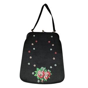 VTG Saks Fifth Avenue 60s Floral Embroidered Black Handbag